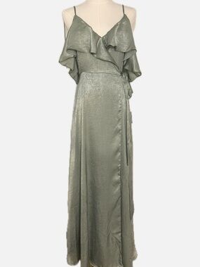 Lulu's Sage Green Satin Ruffle Wrap Maxi Dress